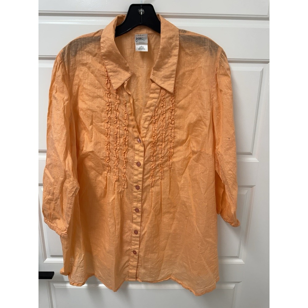 Just My Size JMS Women 2X Orange Button Front Ruffle VNeck Cotton Blouse 18W/20W